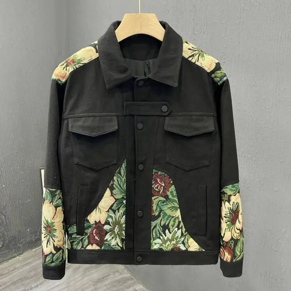 Hearujoy Y2K Retro Korean Cargo Style Lapel Men Floral Embroidered Patchwork Tops Design Jacket Mens Workwear Spring Autumn Slim Jacket