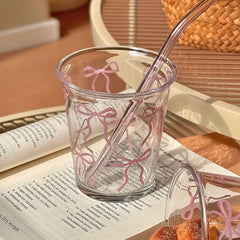 YICKYUE  -  Bow Glass Cup Cute Water Cup Cartoon Bow Glass Cup Striped Cute Doodle Coffee Mug Household Fruit Tea Lemonade Girls Gift