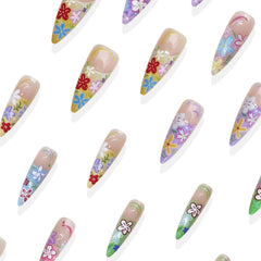 YICKYUE  -  24pcs French Graffiti Flower False Nails Almond Press On Nails Dopamine Nail Tips Women's Party Daily Long Pointed Manicure Art
