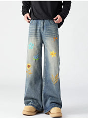 HEARUJOY  -  Hip Hop Trendy Jeans Mens Flower Embroidery Loose Straight Tube Cowboy Pants Size M-3XL Multiple Pockets Denim Trousers Male