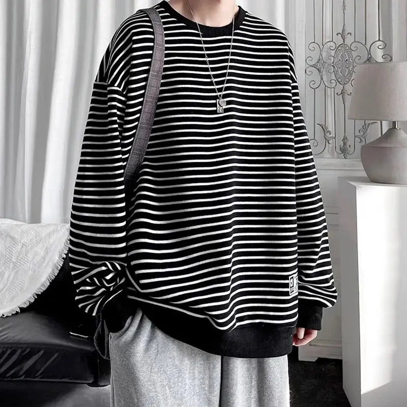 Hearujoy Long Sleeved T-shirt Men's Hong Kong Style Trend Ins Loose T-shirt Striped Sweatshirt Base Shirt Men's Top Coat