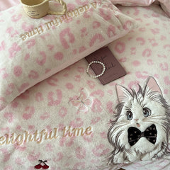 YICKYUE  -  Pink Leopard Print Cute Cat Embroidery Velvet Warm Winter Bedding Set Duvet Cover Bed Sheet/Fitted Sheet Pillowcases 3/4Pcs