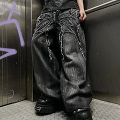 Hearujoy Y2K Phantom Jeans High Street Spider Embroidered Patch Hip Hop Streetwear Gothic Retro Oversized Baggy Fit Unisex Mopping Pants