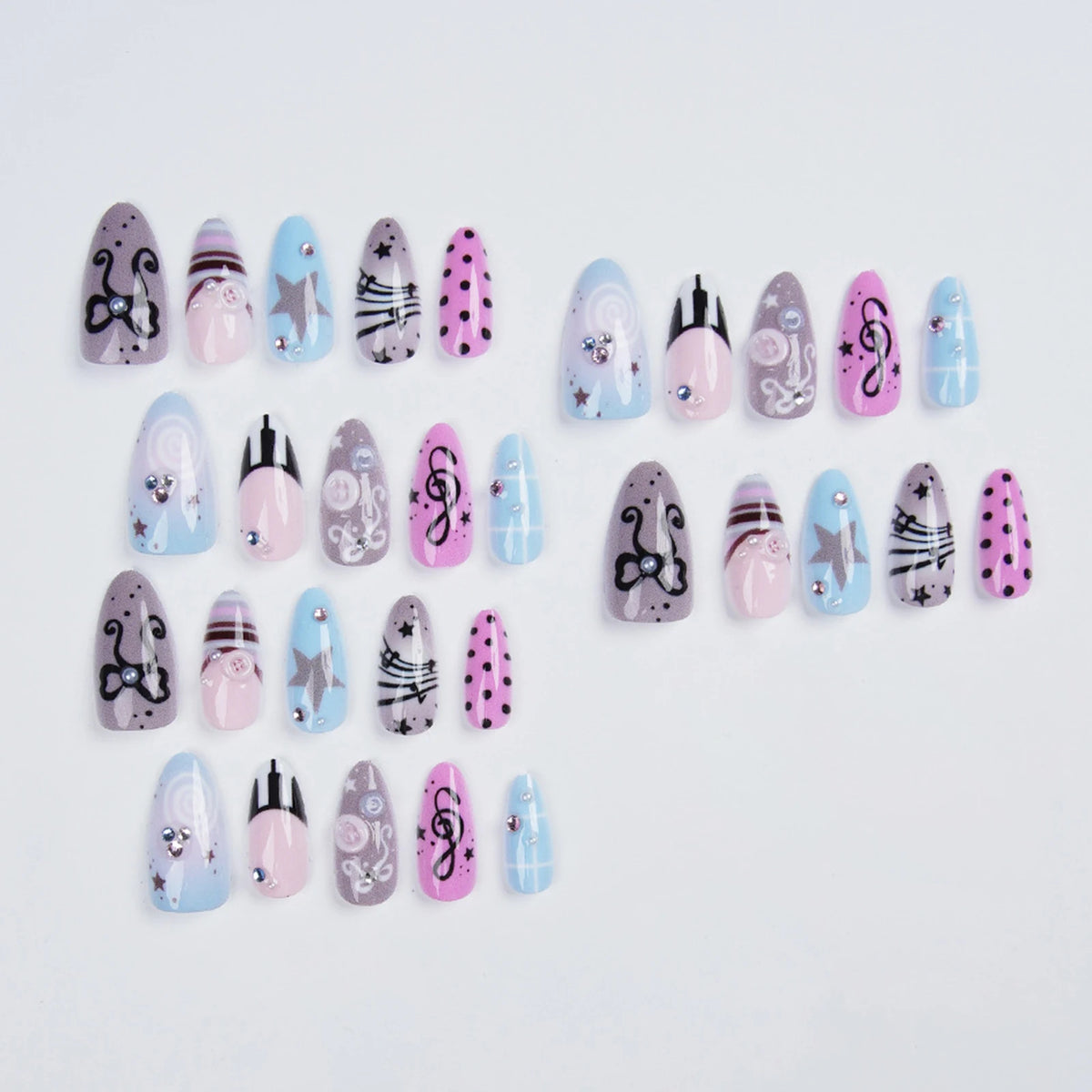 YICKYUE  -  30pcs 3D Buttons Decor Press On Nails Wearable Fake Y2k Nails Bowknot Heart Pearl Almond Tips Elegant Manicure For Fashion Party