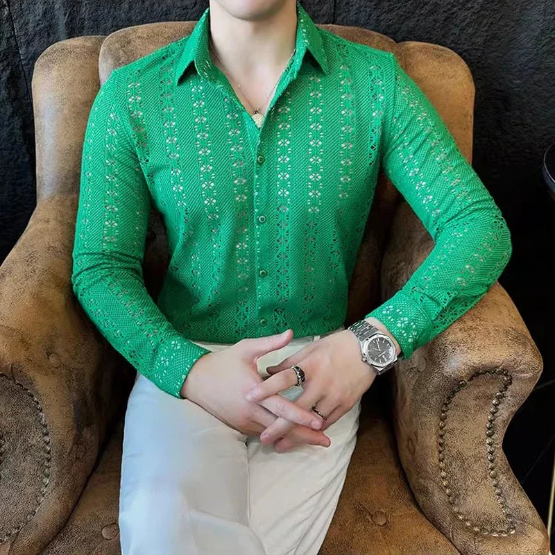 YICKYUE  -  Sexy Lace See-through Slim Men Shirts Autumn Spring Lapel Long Sleeve Male Dress Shirt Club Prom Stage Hollow Mens Clothing 4XL
