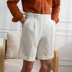 HEARUJOY  -  Italian Style Naples Shorts Men Summer Seersucker High Waisted Paris Buckle Suit Middle Pants England Business Casual Shorts