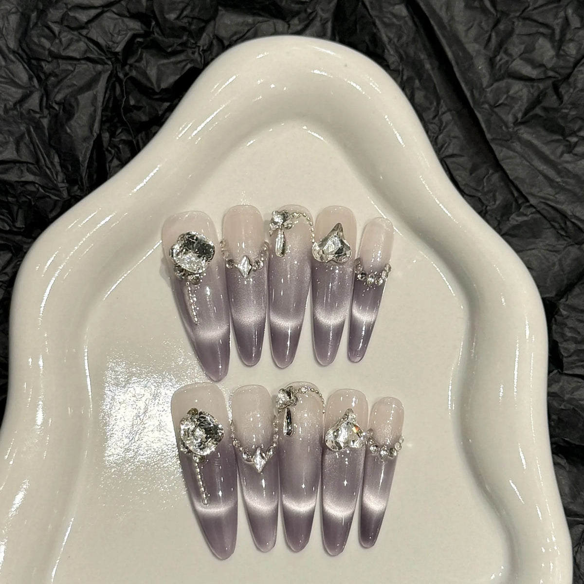 YICKYUE  -  Handmade Press on Nails Glitter Rhinestone Purple Cat Eye Fake Nails Full Cover Wearable European Long Oval Head False Nails