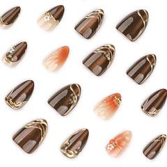 YICKYUE  -  24Pcs Fake Nails Autumn/Winter Brown Cat-Eye 3D Floral Short Almond Shape Press-On Nail Tips Perfect Gift for Women and Friends