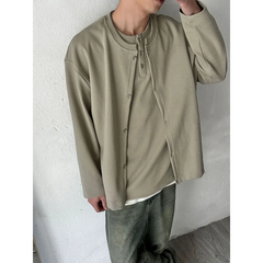 HEARUJOY  -  Autumn New Style Lazy Style Minimalist Casual Loose Fake Two Piece Hoodie Cardigan Men Solid Color Henley Neck Top Jacket