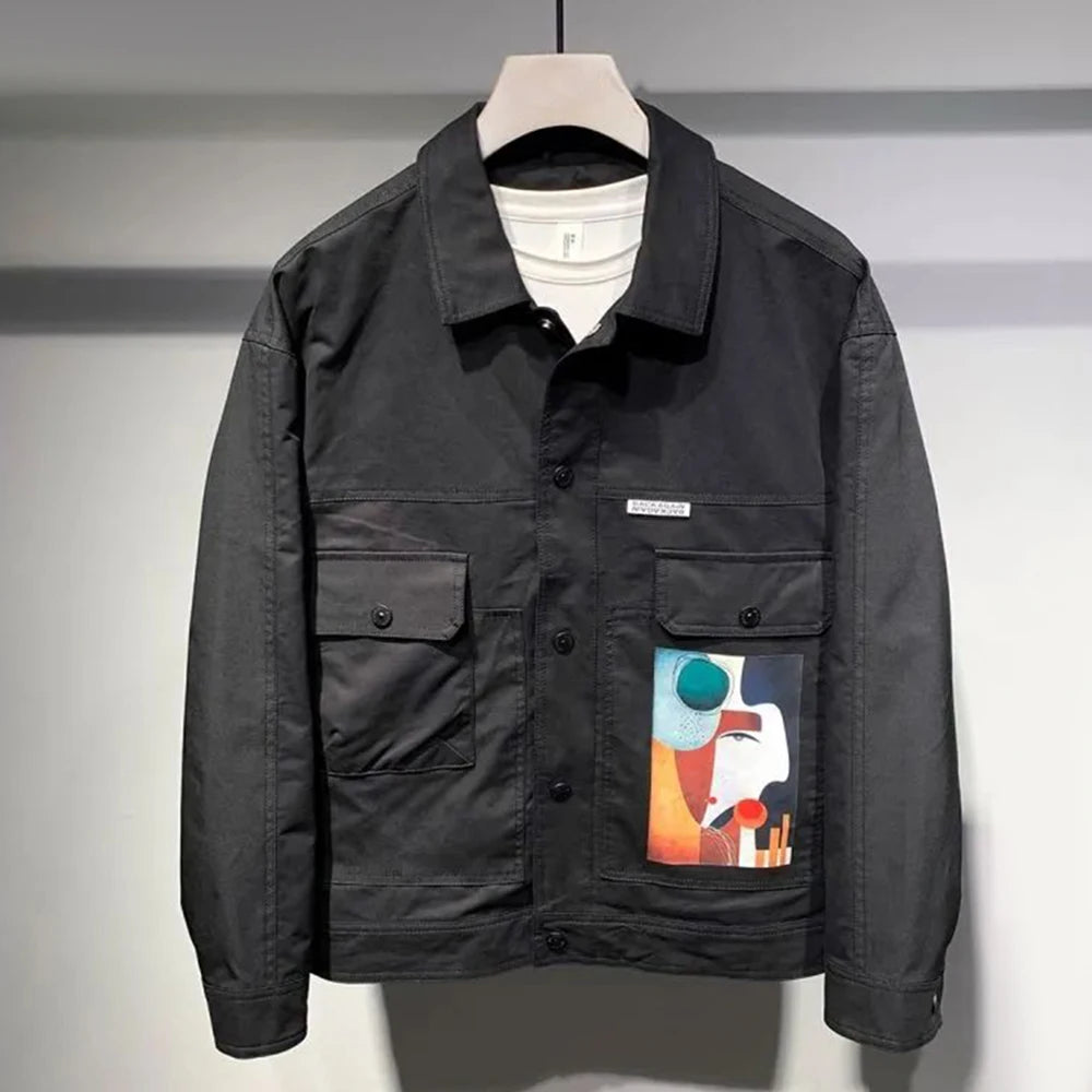 Hearujoy Japanese Retro Uninhibited Handsome V-Neck Denim Jacket Mens Trendy Brand Youth Fashion Graffiti Slim Solid  Casual Shirt