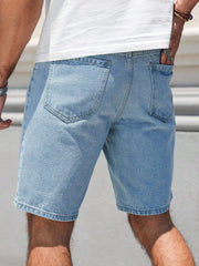 HEARUJOY  -  Men's Spring/Summer Street Fashion Casual Ripped and Distressed Straight-Leg Blue Denim Shorts, maintains its shape, wrinkle-res