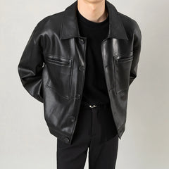 Hearujoy Mens Autumn Short maillard Biker Big Pocket Pu Leather Jacket 23 New Essential British Loose Casual Solid Color Jacket For Men