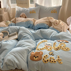 YICKYUE  -  Cute Cat Bear Bedding Set Towel Embroidery Soft Duvet Cover Set Leopard Bed Sheet Pillowcases Twin Queen King Bed Linen sets