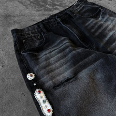 Hearujoy Baggy Embellished Jeans Y2K High Quality 20 OZ Trendy Men Women Streetwear Harajuku Retro High Street Straight Distressed Jeans