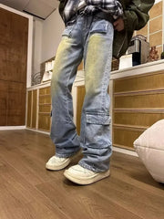 Hearujoy Bootcut Jeans Men Flare Pants Hip Hop Distressed Denim Cargo Trousers Male Low Waist Casual Japanese Streetwear Pocket