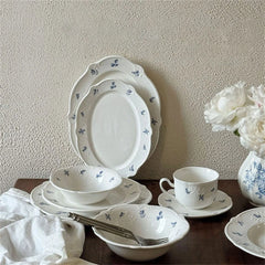 YICKYUE  -  Simple Blue Printing Tableware Kitchen Supplies White Relief Tableware Western Dessert Steak Cake Dim Sum Fruit Dish Set