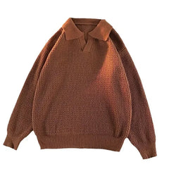 HEARUJOY  -  Men Polo Collar Knitted Sweater Long Sleeve Pullovers Loose Fit Jumpers Solid Streetwear Sweaters 2025 New Winter Slight Strech