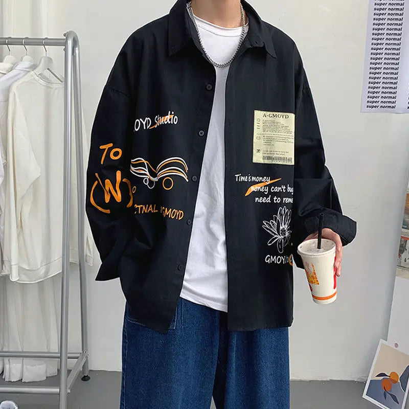 Hearujoy Shirt Men's Coat Korean Style Trendy New Print Splicing Long Sleeved Casual Loose Workwear Shirt Men