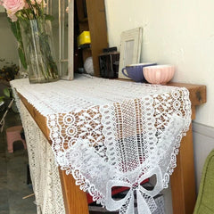 YICKYUE  -  New White bowknot Crochet Lace Table Flags Simple Artistic Bow Long Tablecloth  Desktop Decoration Hollowed Out Desk Cloth