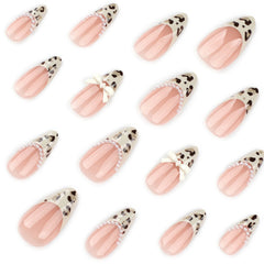 YICKYUE  -  Wearable Press On Nails Leopard Print Almond False Nails French Style Nail Tip With Pearl Bow Design Women Girls Manicure 24pcs