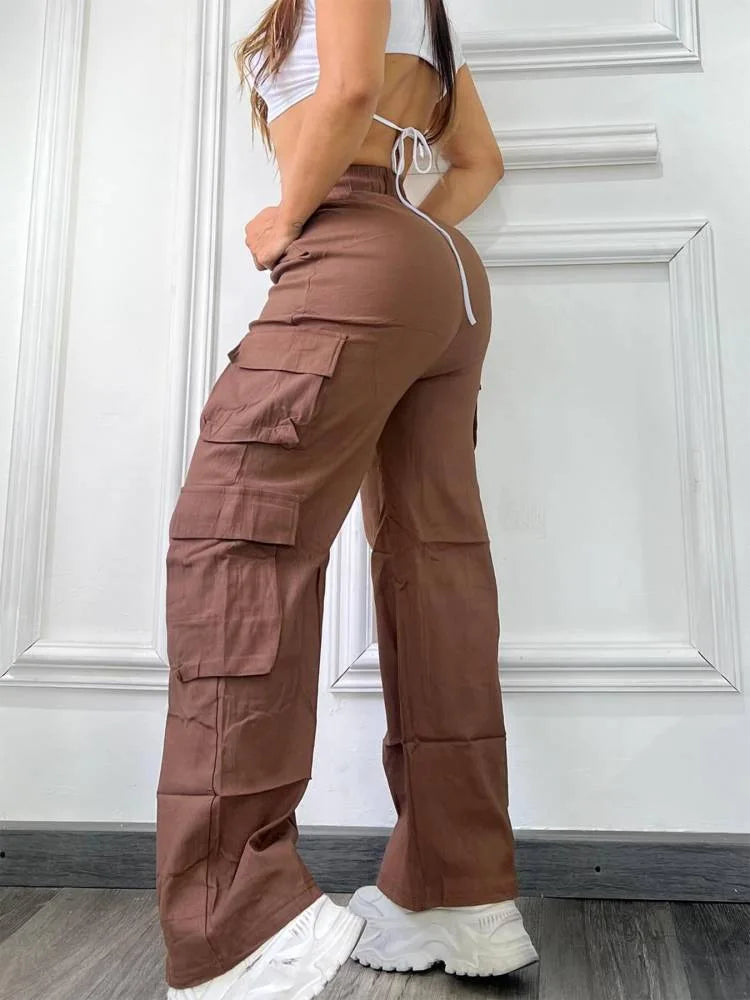 HEARUJOY  -  High Waisted Cargo Pants for Women Wide Leg Multi-Pocket Work Trousers Casual Loose Fit Straight Leg Elastic Waist Streetwear