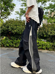 HEARUJOY  -  Spring Summer Men's Workwear Pants Loose Straight Leg Spor Casual Trousers High Street Trend Tee Stripe Leisure Trousers