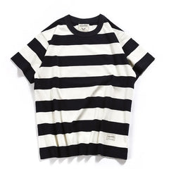 HEARUJOY  -  Heavyweight Pure Cotton Round Neck T-shirt for Men Locomotive Styles Streetwear Summer Casual Men Short Sleeve Stripe Tshirt Top