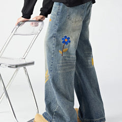 HEARUJOY  -  Hip Hop Trendy Jeans Mens Flower Embroidery Loose Straight Tube Cowboy Pants Size M-3XL Multiple Pockets Denim Trousers Male