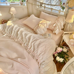 YICKYUE  -  3/4Pcs Bedding Set French-Inspired, Girly, Princess-Style Bows and Lace Pink Duvet Cover Pillowcase Bedding Full Set Double Bed