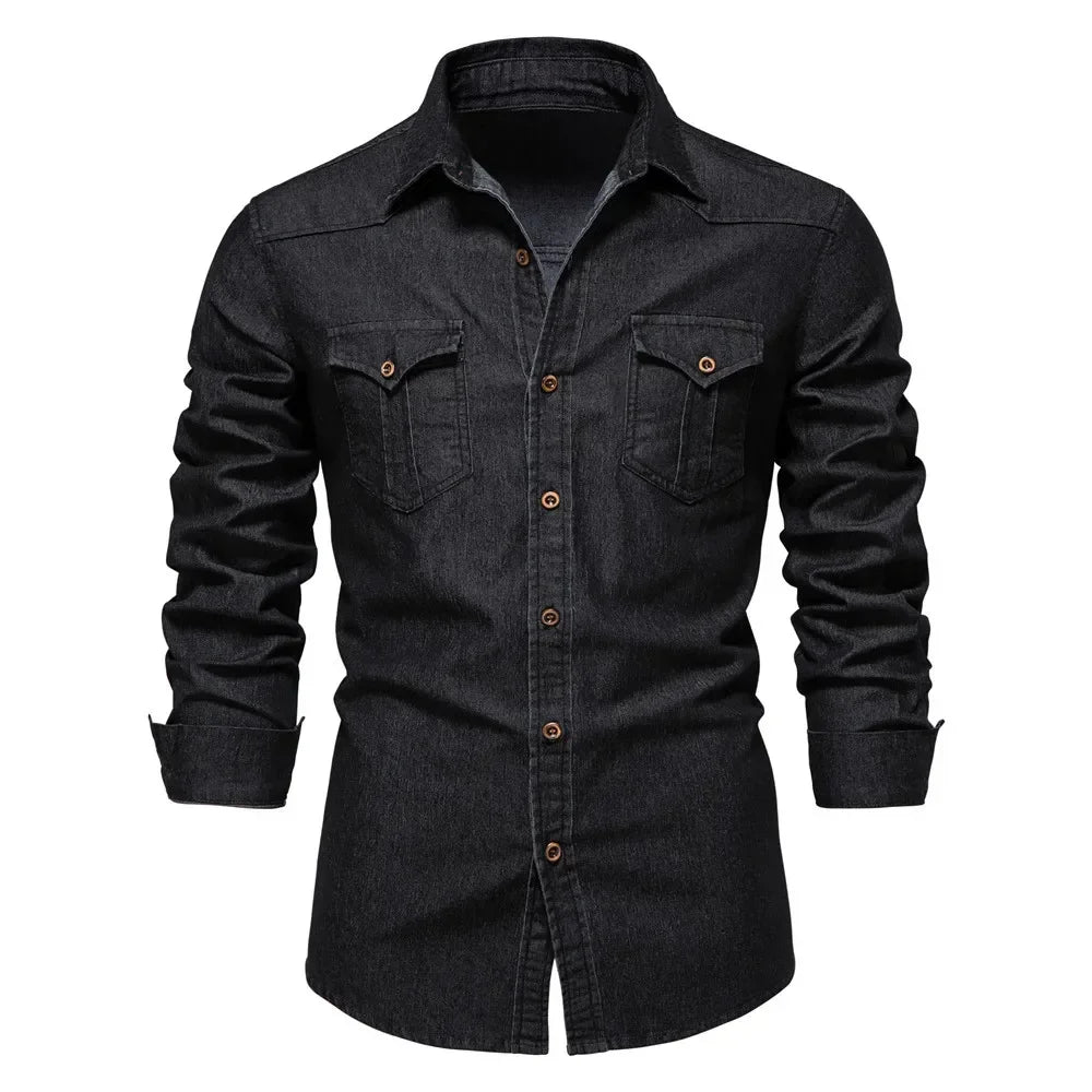 HEARUJOY  -  Shirts Tops Men Shirt Slim Fit Solid Turn Down Collar Full Sleeve Single Breasted Simple Button Casual Splice Regular Top