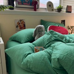 YICKYUE  -  Bedding Set Green Washed Cotton Polyester Duvet Cover Set+Sheet+Pillowcae Adult Student Twin All Season Bedlinens Drop Shipping