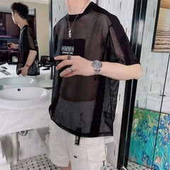 Hearujoy Summer Korean Version Of The Trendy Grid Hollow Printing Short-Sleeved Trendy Men's Fashion All-match Personality Half-Sleeves