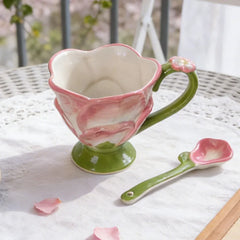 YICKYUE  -  Cute Style Lotus Design Firing Ceramic Goblet Milk Cup With Spoon Set Office Tableware Underglaze Colour Large Capacity 350ml