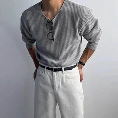 HEARUJOY  -  Autumn Men's Solid Color Knitted Long-Sleeved T-Shirt American Retro Fashion Trend Loose Street Casual Breathable Men's New Tops