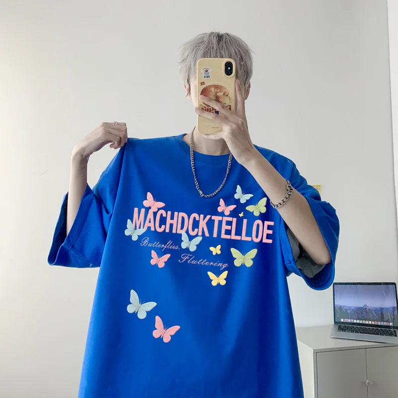 YICKYUE  -  Mens Oversized T Shirt White 5XL Men's Cotton T-shirts Summer Casual Wear Letter Butterfly Print Tee Shirts for Men Male Clothes