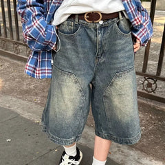 HEARUJOY  -  American Retro Blue Denim Shorts Men Korean Style High Waist Loose Straight Jeans Summer Chic Streetwear Knee-length Pant New