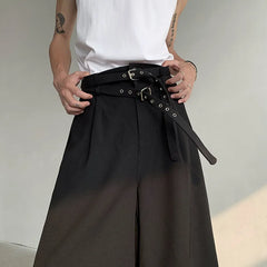 Hearujoy Summer Men's Five-point Shorts Casual Straight Double Belt Design High-waisted Black Male Clothing Wide Leg 9C5517