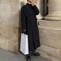 Hearujoy Mens Autumn Winter Mid-Length Thick Woolen Coat Essential Retro Elegant Korean Trendy Loose Strappy Windbreaker Woolen Coat