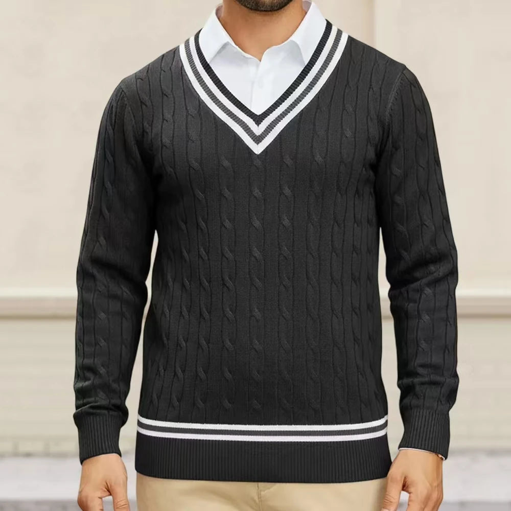 HEARUJOY  -  Men's Sweaters V-neck Pullover Knitting Tops Spring Autumn Sweaters Knitwear High Quality Jumpers Stripe Splicing Color Clothes