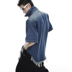 HEARUJOY  -  Y2K Cowboy Shirt Mens Summer Thin Shoulder Pads Retro Washed Short Sleeved Denim Jacket Hip Hop Burr Edge Design Loose Tops