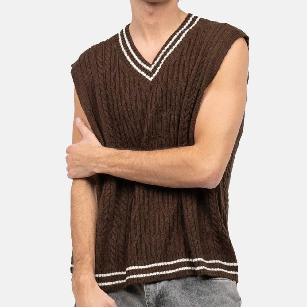 HEARUJOY  -  Men's Color Matching Knitted Sleeveless Vest Retro Fashion Trend Simple Casual Loose Breathable Summer New Men's Tops