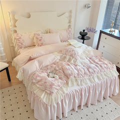 YICKYUE  -  3/4Pcs Princess Style Pink Floral Print Lace Ruffle Boiled Cotton Bed Set Queen Size Double Bed Linen Full-Size For Room