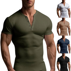HEARUJOY  -  Men's Threaded T-shirt Summer Running Sports Fitness Clothes Muscle Slim Fit Short Sleeve T-shirt V-neck Collar Casual Tops