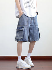 HEARUJOY  -  Summer Denim Cargo Shorts Men Flap Pockets Wide Leg Baggy Jeans Shorts Big Size 8XL 7XL 6XL Loose Fit Straight Jean Short Male