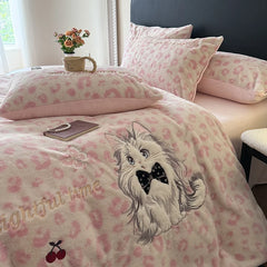 YICKYUE  -  Pink Leopard Print Cute Cat Embroidery Velvet Warm Winter Bedding Set Duvet Cover Bed Sheet/Fitted Sheet Pillowcases 3/4Pcs