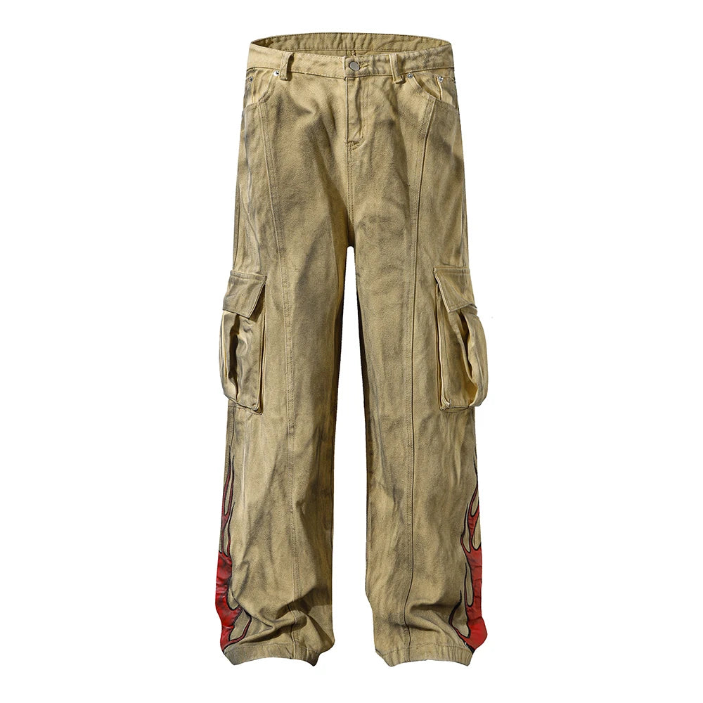 Hearujoy Ankle Flame Embroidery Straight Loose Cargo Pants for Men High Street Pockets Casual Denim Trousers Oversized Unisex Jeans