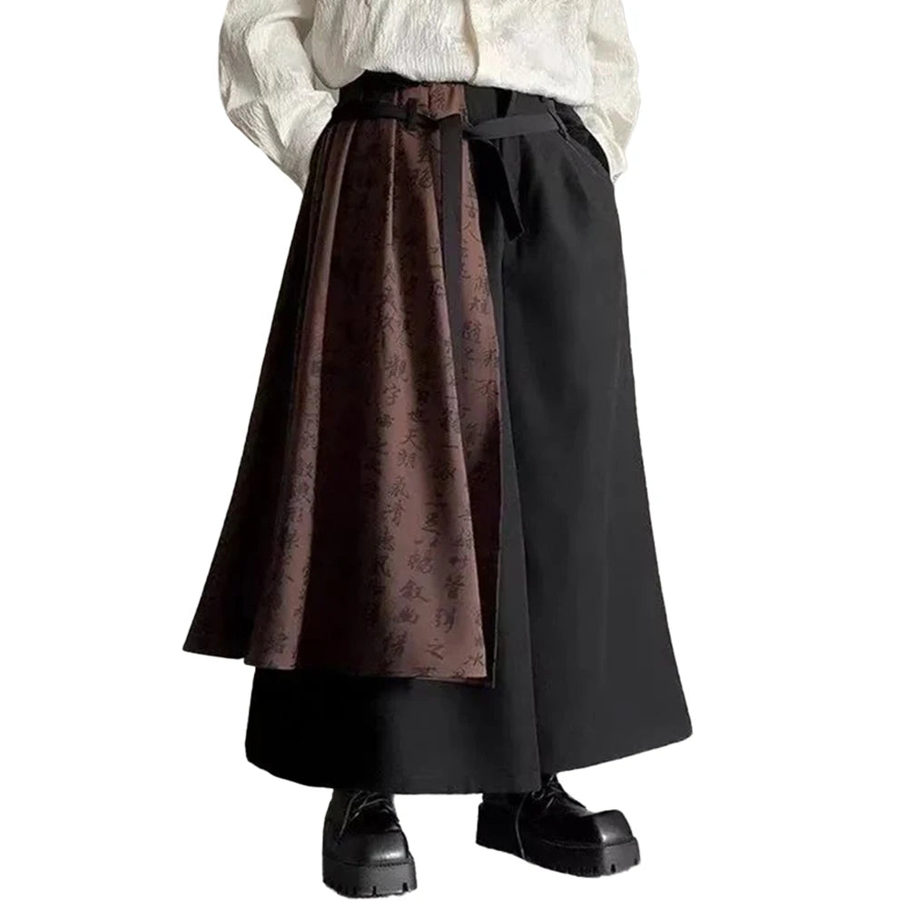 HEARUJOY  -  Mens Double Layer Chinese Calligraphy Splicing Irregular Culottes Genderless Waist Strap Loose Wide Leg Pants Unisex