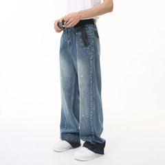 Hearujoy Mens Retro Washed Blue Casual Jeans Niche Design Personality Graffiti Jeans Youthful Fashion Chic Straight Trouser Summer