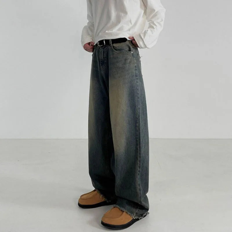 Hearujoy Washed Denim Pants Men's Loose Floor Pants Korean Style Straight Leg Trousers Casual Jeans Summer Trend 9C5010