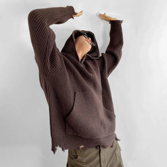 Hearujoy Mens Half-Zip Ripped Hooded Sweater Autumn And Winter Retro Distressed Loose Casual Solid Color Unisex Knitted Sweatshirt